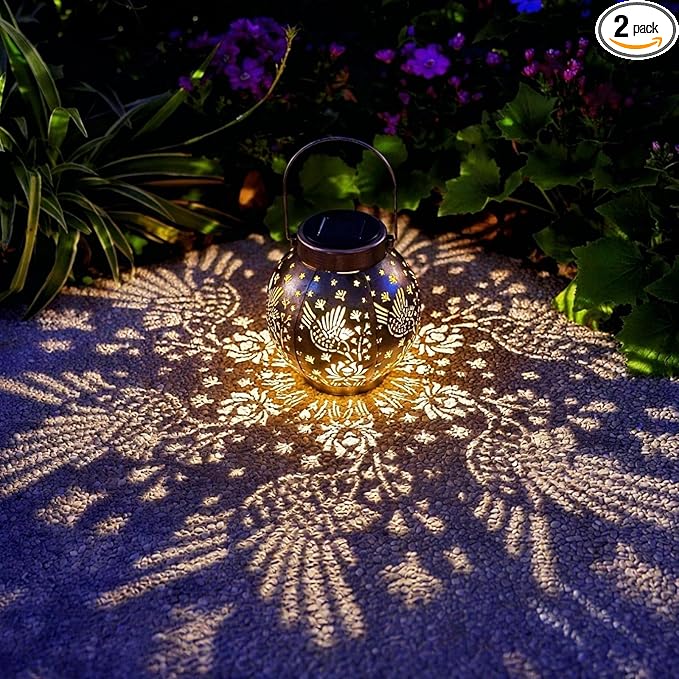 Outdoor Solar Hanging Lantern Lights Metal LED Decorative Lamp for Garden Patio Courtyard Lawn and Table with Hollowed-Out Design (Bronze Hummingbird)