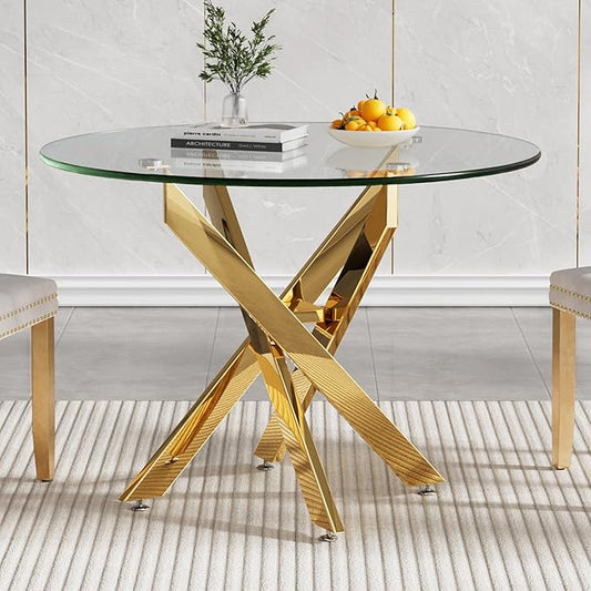 Round Glass Dining Table, Tempered Glass Tabletop and Metal Legs, Modern Style Glass Kitchen Table for Home, Kitchen, Dining Room (Gold, 36'' Round Table with 4 Legs)