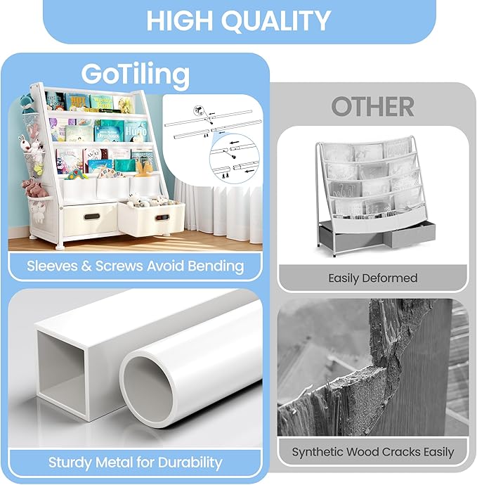 Kids Bookshelf and Toy Storage: Sling Book Shelf for Kids Room with 2 Storage Bins to Books and Toys Organizer, 3-Tier Toddler Bookshelf with 3 Side Pockets for Nursery, Bedroom, Playroom