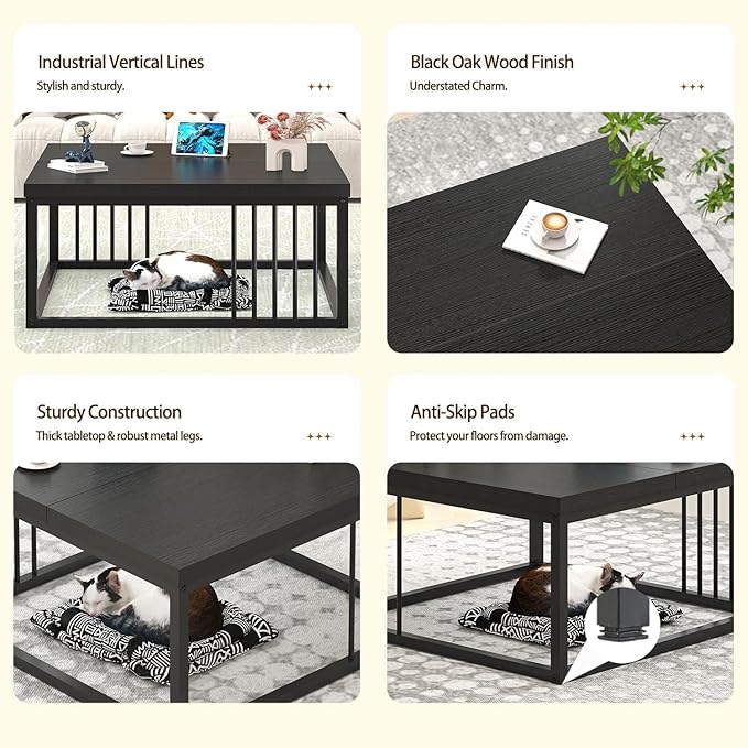 FOLUBAN Black Coffee Table, Modern Square Center Table for Living Room, Industrial Rustic Wood and Metal Cocktail Tea Table, 31.5 Inch