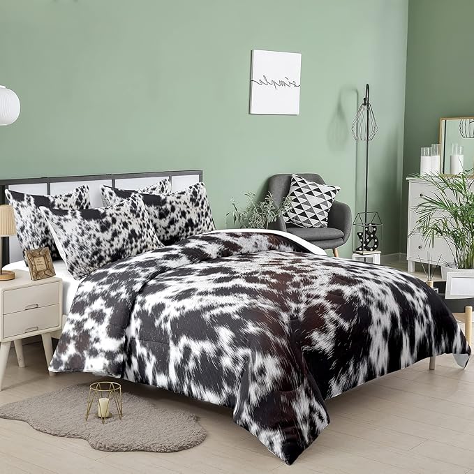 Tailor Shop Cow Print Bedding Sets King Size,Black and White Comforter Set for Kids,Cartoon Milk Bed Boys Teens Girls with 1 2 Pillowcase, Yh-cow 16