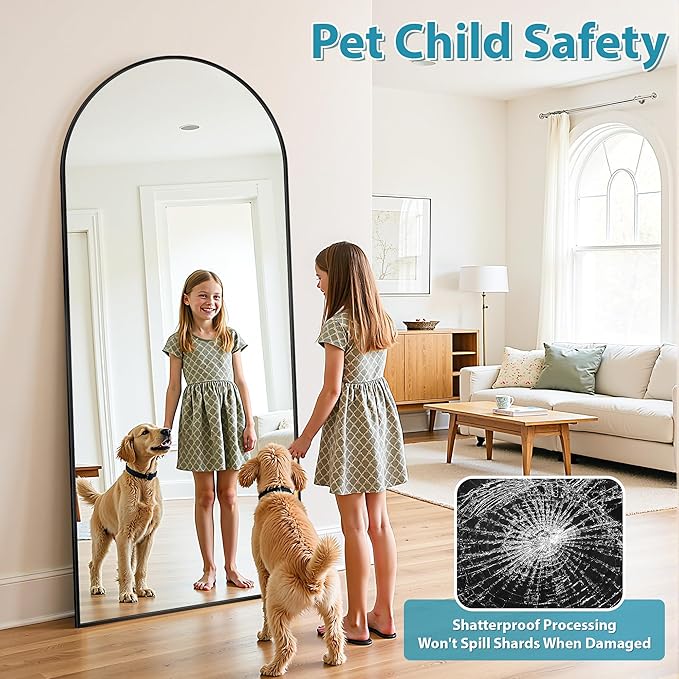 Full Length Mirror, 76"x44" Oversized Floor Mirror Freestanding, Full Body Mirror Floor Standing Mirrors with Stand, Hanging Mounted Mirrors for Bedroom Living Room, Black, Arched Style