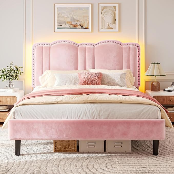 EnHomee Queen Bed Frame with LED and Velvet Headboard, Bed Frame Queen Size with Adjustable Cute Cloud Headboard, Strong Support, Noise Free, No Box Spring Needed, Easy Assembly, Pink