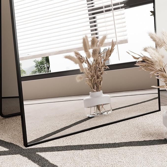 FANYUSHOW Full Length Mirror, Standing Hanging or Leaning Body Mirror, Simple Rectangle Design, Aluminum Alloy Thin Frame, Floor Mirror for Bedrooms, Bathrooms, Living Room 63"x18" (Black)