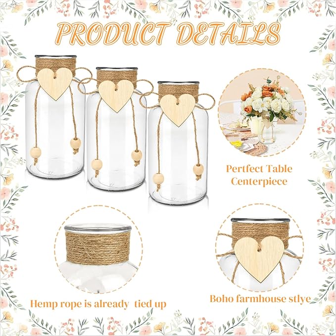 Vintage Glass Vases for Flowers, Set of 3 Mason Jar Vase Table Centerpieces for Farmhouse Room Decor, Wedding, Bridal Shower Bud Vase Set (Medium)