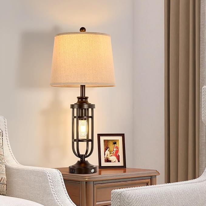 28.8" Farmhouse Table Lamps for Living Room Set of 2, 3-Way Dimmable Touch Lamps with USB Ports, Rustic Nightstand Lamps for Bedroom End Tables, Bulbs Included