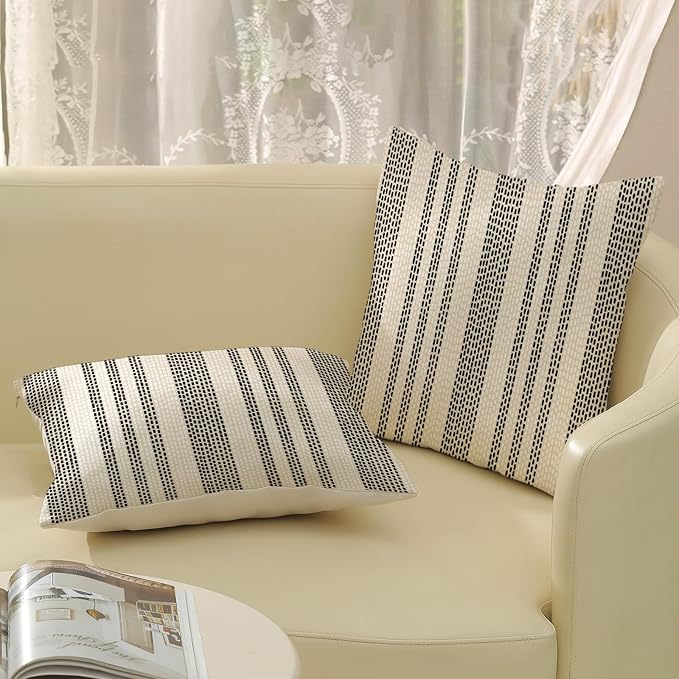 Boho Pillow Covers 18x18 Pack of 2 Black Polka Dot Stripe Decorative Throw Pillow Covers Bohemian Abstract Modern Decor Pillowcase Farmhouse Linen Cushion Case for Sofa Couch,Outdoor Decoration
