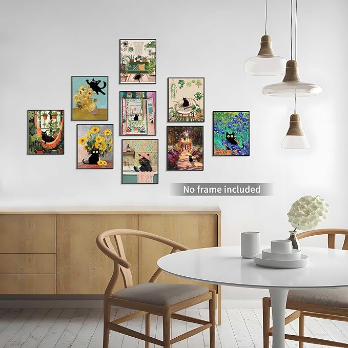SEHSUVC Funny Black Cat Poster Set of 9, Vintage Van Gogh Black Cat Wall Art Prints, Colorful Cat Floral Aesthetic Prints Wall Decor Paintings for Bedroom Bathroom Dorm Home Decor 8x10In Unframed