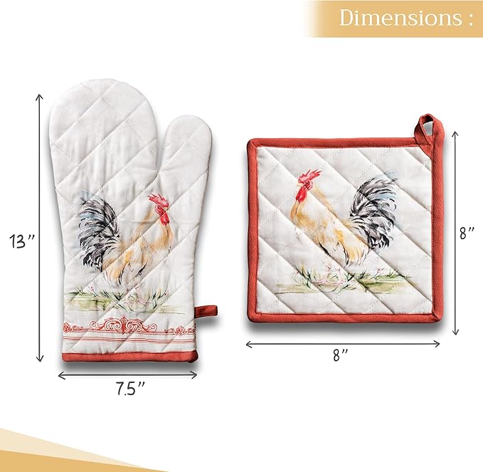 Maison d' Hermine 100% Cotton Oven Mitt & Pot Holder Set (7.5"x13" & 8"x8") Heat Resistant BBQ Cooking Gloves with Loop, Baking, Grilling, Kitchen, Handling Hot Pans Spring/Summer (Campagne)