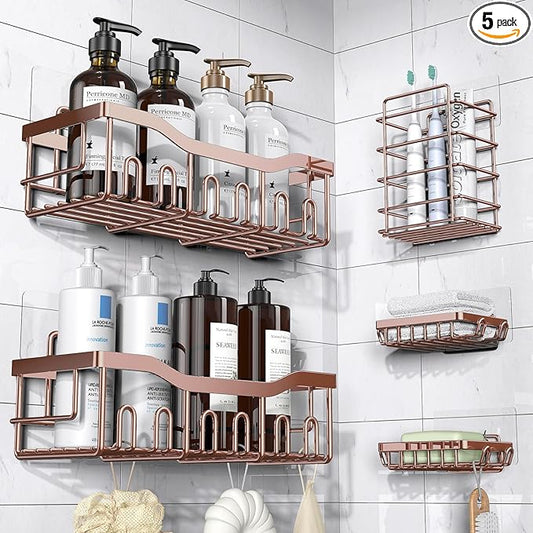 5-Pack Rustproof Stainless Steel Shower Caddy – No Drill Adhesive Bathroom Organizer with Large Capacity, Spacious Shower Shelves for Inside Shower, Kitchen & Home Decor Storage-XL Size