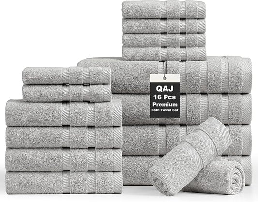 16-Piece Bath Towels Set, 100% Cotton Thick Soft Highly Absorbent Durable, Quick Dry, Bathroom Towels Set (4 Bath Towels, 4 Hand Towels, 8 Washcloths) - Perfect for Daily Use