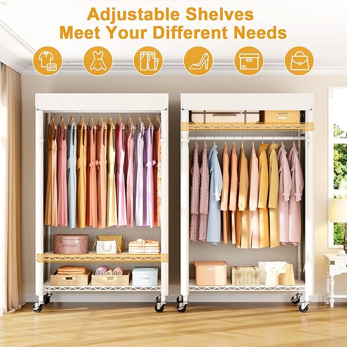 P6C Rolling Clothes Rack with Cover, Covered Clothing Racks Heavy Duty, Portable Closet for Hanging Clothes, Garment Racks on Wheels, White Closet Rack with White Cover, Max Load 365LBS
