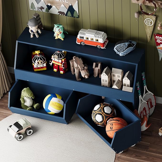 Toy Storage and Organizer for Kid, Boys and Girls Muti-Functional Bookcase and Storage Bin with Moveable Drawers, Children Toddler Storage Carbinet Dark Blue