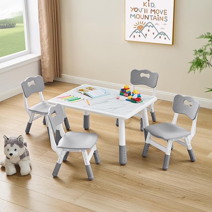 Toddler Table and 4 Chairs Set, Height Adjustable Kids Table and Chairs, 31.5''L x 23.6''W, Marble Pattern & Graffiti Desktop, Children Multi-Activity Table for Home/Daycare/Classroom