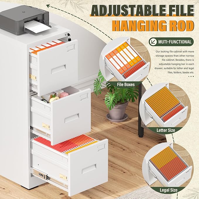 Greenvelly 3 Drawer File Cabinet with Lock, Black Metal Vertical Filing Cabinet for Home Office Fit Legal/Letter/A4/F4 Size with Hanging Bars&Key