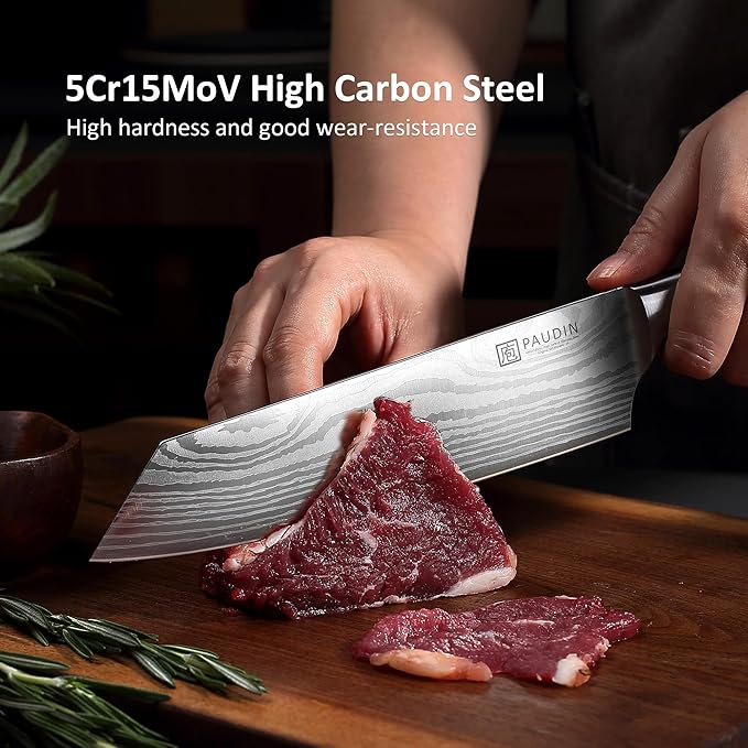 PAUDIN Chef Knife, Sharp High Carbon Stainless Steel Kitchen Knife with Sheath, 8 Inch Professional Santoku knives with Ergonomic Pakkawood Handle, Japanese Chopping Knifes Premium Gift Box