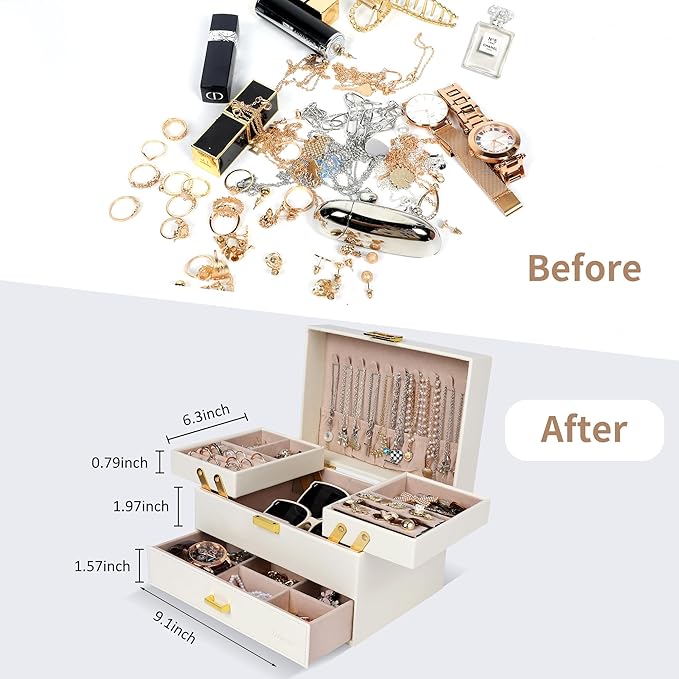 Dajasan Jewelry Box for Women, 3 Layers Large Jewelry Organizer Box, Jewelry Storage Case for Earring, Ring, Necklace, Bracelets (Cloud White + Gold)