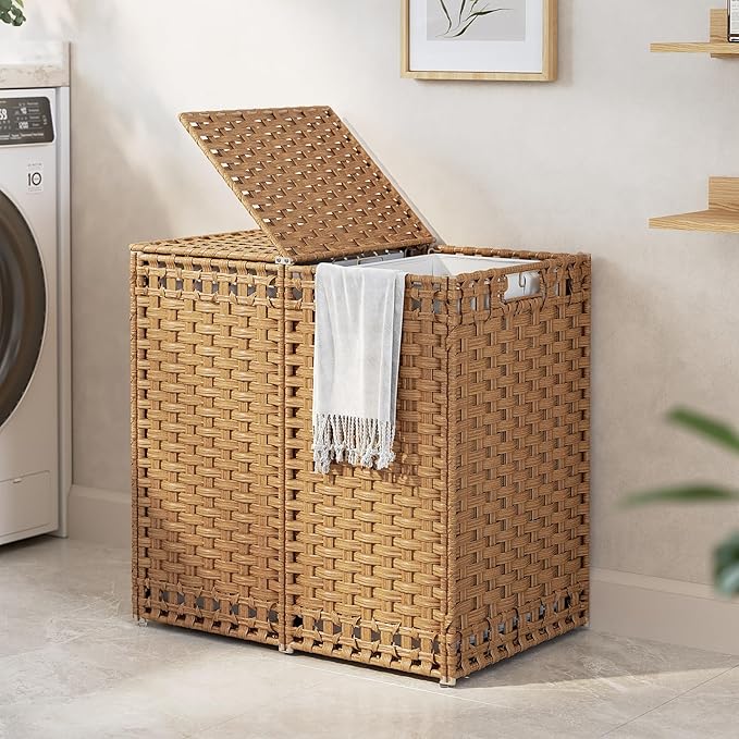 170L Foldable Laundry Hamper with Lid - Handwoven Rattan Storage Basket, 2-Section Clothes Hamper w/2 Removable Liner Bags, Easy Assembly, Portable for Bedroom Bathroom Dorm,Natural