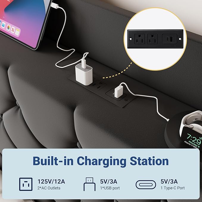 Allewie Full Size Bed Frame, Storage Headboard with Charging Station, Wingback Velvet Upholstered, Diamond Stitched Button Tufted, Sturdy Wooden Slats, No Box Spring Needed, Easy Assembly, Black