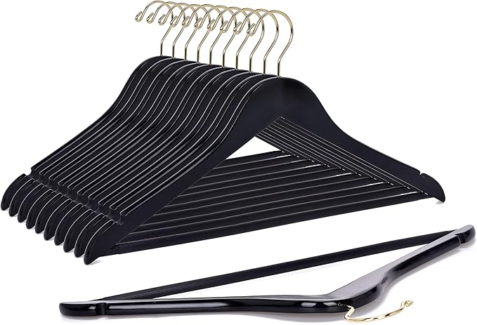 Quality Black Wooden Hangers - Slightly Curved Hanger Set of 80-Pack - Solid Wood Coat Hangers with Stylish Chrome Hooks -Heavy-Duty Clothes, Jacket, Shirt, Pants, Suit Hangers (Black - Gold Hook, 80)