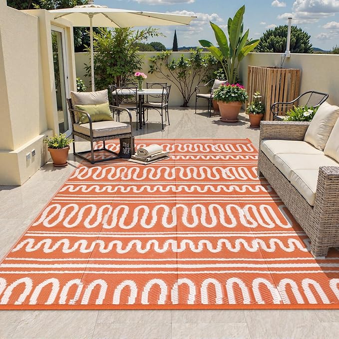 Beeiva Outdoor Rug 8x10, Outdoor Rug Waterproof Reversible, Portable Plastic Outdoor Patio Rug for Deck, Balcony, Backyard, Porch, Camping, Picnic - Orange