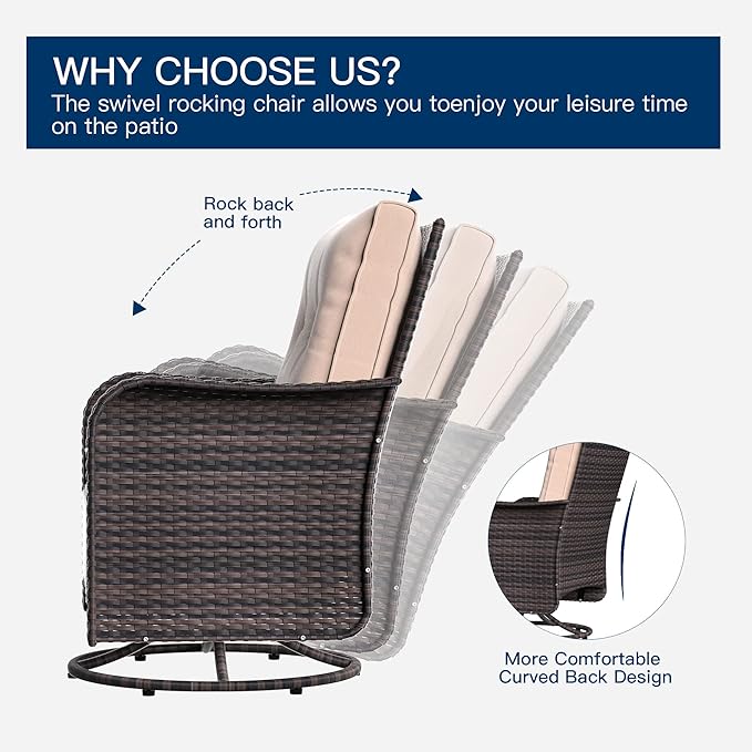 Kurapika 13 Pieces Patio Furniture Set, Rattan Wicker Outdoor Conversation Sets w/43in Propane Fire Pit Table, Swivel Rocking Chairs Patio Sectional Sofa w/4 Inch Cushion, Sand