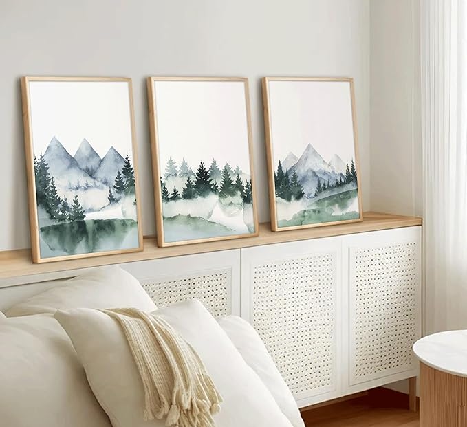 3 Pcs Modern Mountains Canvas Wall Art Green Watercolor Misty Pine Forest Nature Minimalism Abstract Landscape Painting Picture Wall Decor Poster Print Artwork for Living Room Bedroom Office Unframed