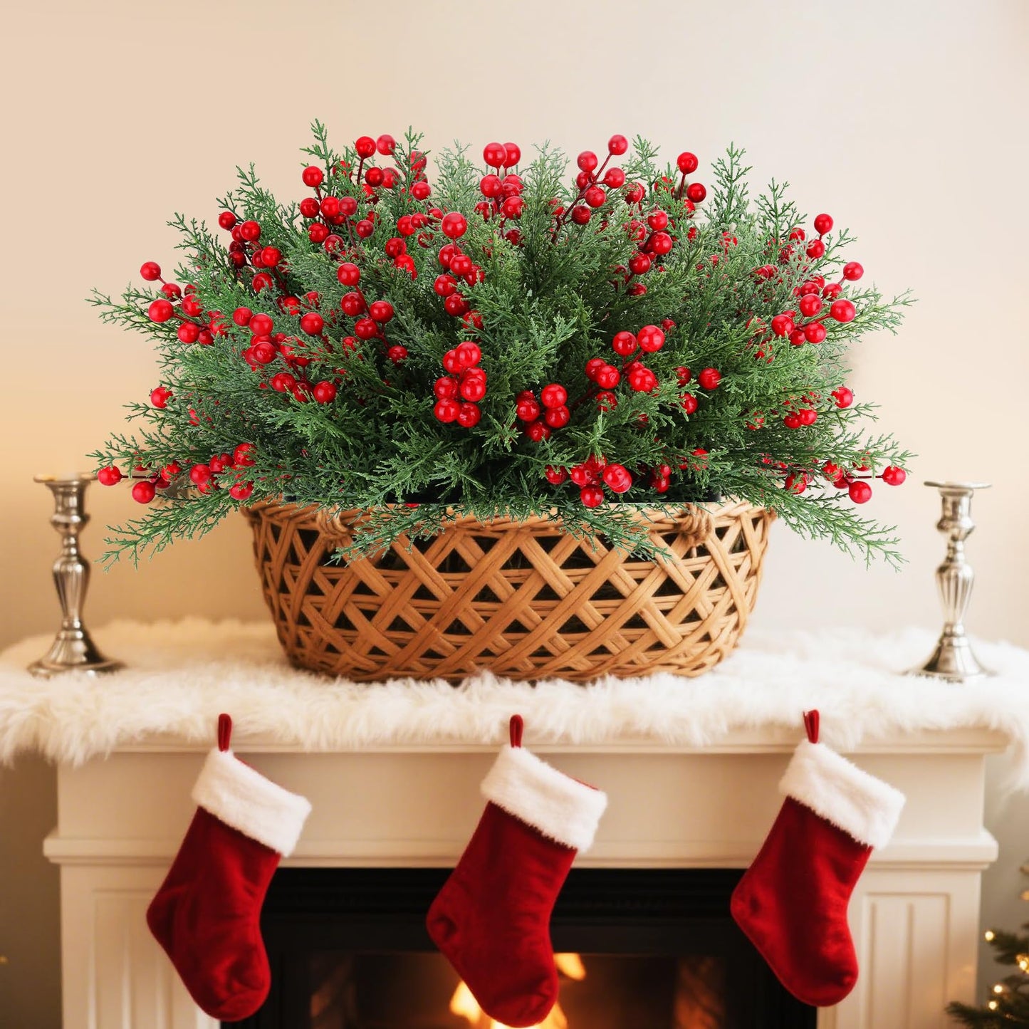 4 Bundles Artificial Christmas Flowers with Red Berry Stems, Fake Norfolk Pine Garland Branches for Winter Decor, Faux Christmas Garland Tree Picks and DIY Crafts