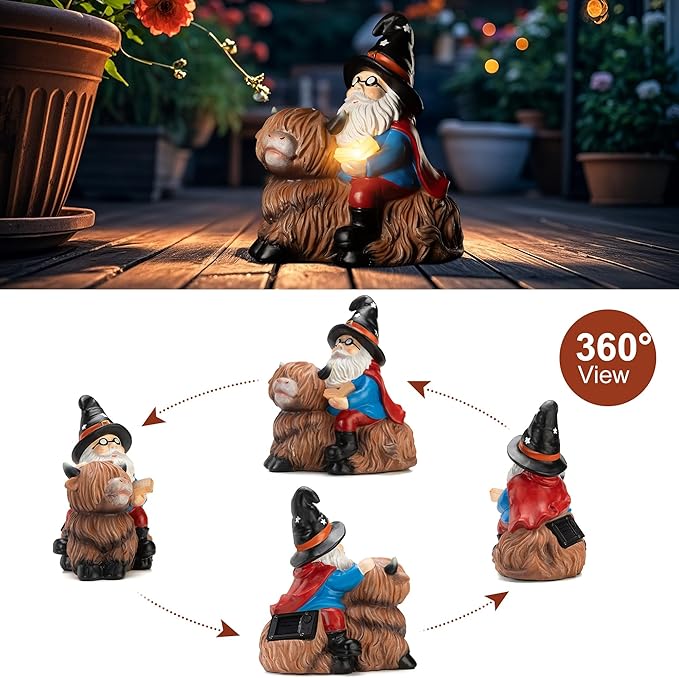 Highland Cow Solar Garden Gnome Outdoor Statue 8 Inch Funny Gnomes Decorations for Yard Lawn Patio Adorable Decor Birthday Gifts for Women Mom Grandma