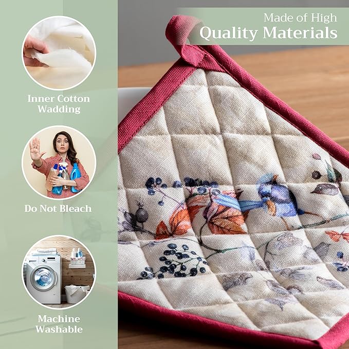 Maison d' Hermine Pot Holders Set 100% Cotton Heat Resistant Potholders 8" x 8" Hot Pads with Loop for Thanksgiving Christmas Decorations BBQ Baking Handling Hot Pans (Pack of 2, Equinoxe - Beige)