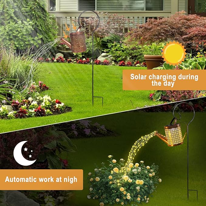 Solar Watering Can with Lights, Outdoor Solar Garden Light,Garden Decor, Outdoor Decorative Solar Powered,Hanging Lantern Waterproof,Metal Solar Waterfall Lights for Yard Patio