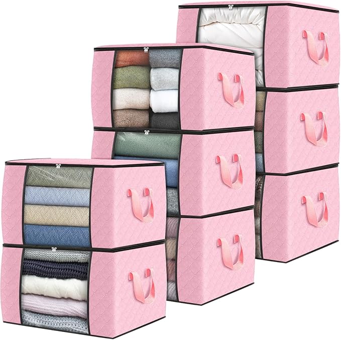 Fab totes 8 Pack Clothes Storage, Foldable Thick Fabric Blanket Storage Bags, Containers for Organizing Bedroom, Closet, Clothing, Comforter,Organization with Handle,Pink