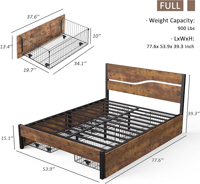 VECELO Full Platform Bed Frame with 4 Drawers and Vintage Wood Headboard, Large Storage, Strong Metal Slats Support, No Box Spring Needed, Rustic Brown