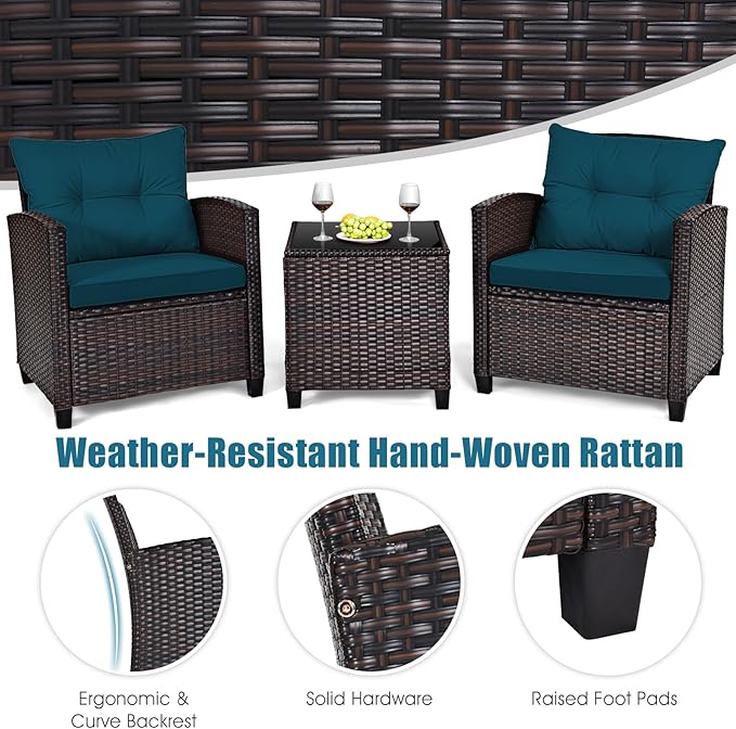 Tangkula 3 Pieces Patio Furniture Set, PE Rattan Wicker 3 Pcs Outdoor Sofa Set w/Washable Cushion and Tempered Glass Tabletop, Conversation Furniture for Garden Poolside Balcony (Prussian Blue)