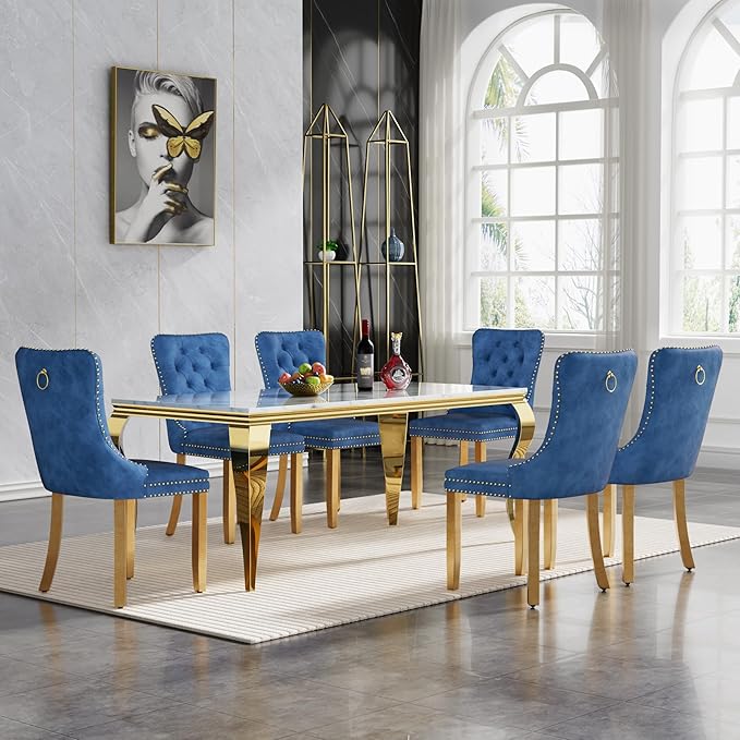 70" Marble Dining Table Set for 6, Modern 7 Piece Dining Room Table Set with White Faux Marble Dining Table & 6 Blue Velvet Upholstered Chairs, Luxury Gold Kitchen Table Chairs Set of 6