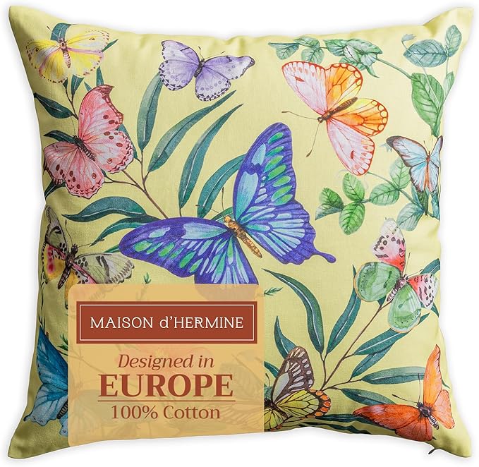 Maison d' Hermine Decorative Pillow Covers 18 x 18 Inch Square 100% Cotton Throw Pillow Covers with Invisible Zipper for Living Room Couch, Chair, Sofas, Bedroom, Home (Hesperides - Papillon)
