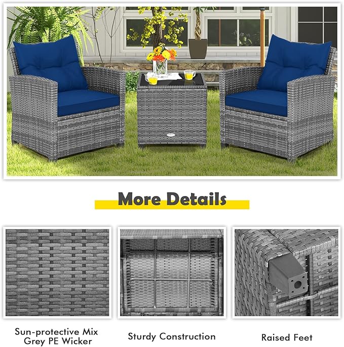 Tangkula 3 Pieces Patio Furniture Set, Outdoor PE Rattan Conversation Chair Set with Tempered Glass Side Table and Removable Cushions, PE Wicker Chairs and Table Set for Porch, Balcony and Garden