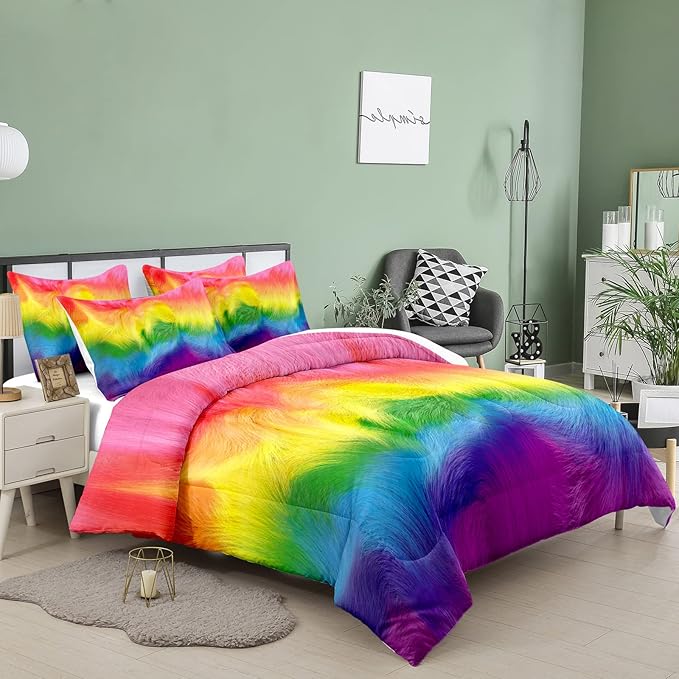 Tailor Shop Twin Size Rainbow Comforter Sets for Girls Kids Teens Western Cow Colorful Comforter Rainbow Bedding Set with 1 Comforter and 1 Pillowcase…