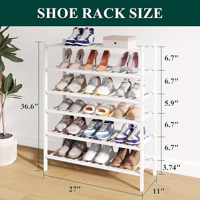 Smiry Bamboo Shoe Rack for Closet, 6 Tier Wooden Stackable Shoe Organizer, Free Standing Shoes Storage Shelf for Entryway, Front Door Entrance, White