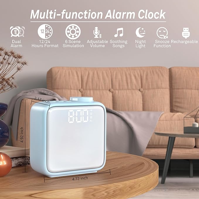 AIRIVO Alarm Clock Night Lights, Rechargeable Alarm Clock for Bedrooms, 6 Scenes & White Noise Sync, Dual Alarms & Snooze, for Heavy Sleepers, Gifts for Kids Teens (Blue)