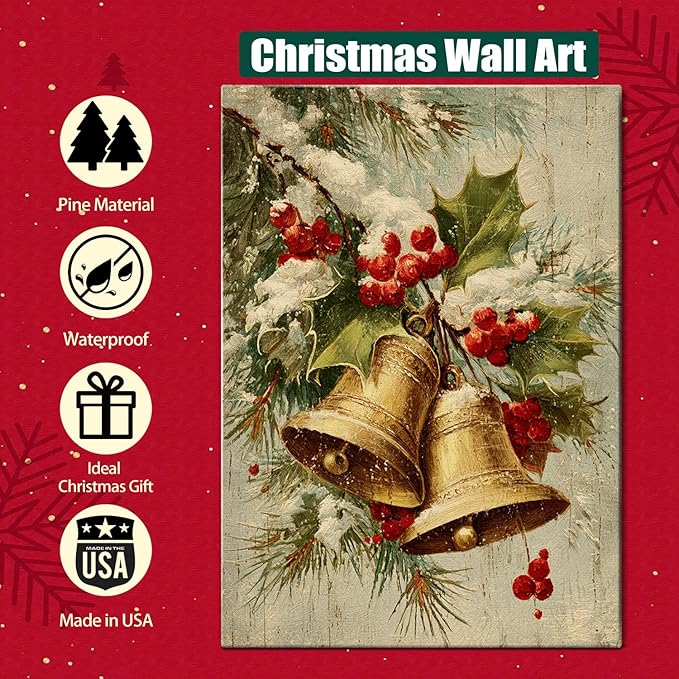 Vintage Golden Bells & Holly Berries Christmas Canvas Wall Art - Rustic Winter Holiday Framed Print for Living Room, Elegant Christmas Wall Decor, Ideal Christmas Gifts & Festive Decorations