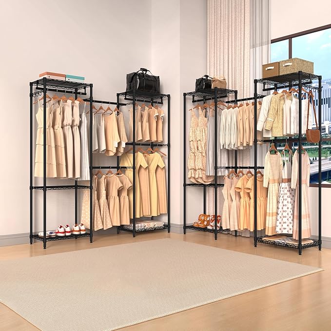 Freestanding Closet System, Large Free Standing Closet Rack Organizer for Hanging Clothes Adjustable Metal Wire Clothing Rack with 5 Shelves & 5 Rods, Black