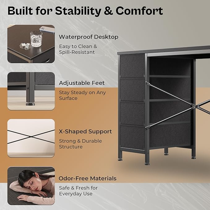 Huuger 63 Inch L Shaped Desk with Fabric Drawers, Reversible Computer Gaming Desk with Power Outlets and USB-C Port, Adjustable Side Storage Shelves, for Work Study Corner Home Office, Black