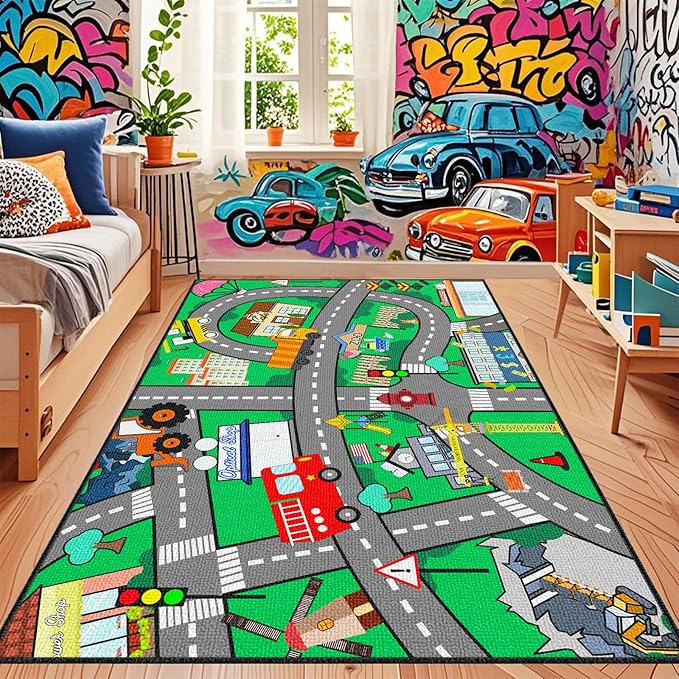 Car Rug for Kids Toy Cars - Car Track Rug Kids Play Mat City Life Road Carpet for Playroom Living Room Bedroom Classroom, 3'×5'