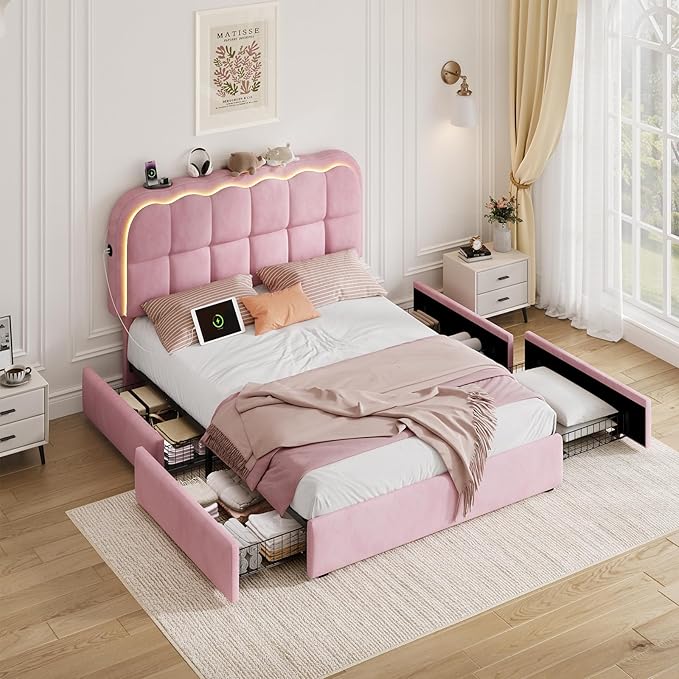 Full Size Bed Frame with 4 Storage Drawers and LED, Adjustable Clouds Headborad, Velvet Upholstered Platform Full Bed Frame with Charing Station, Wood Slats Support, No Box Spring Needed,Pink
