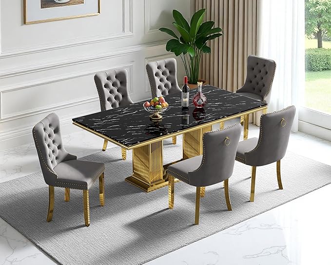 68" Faux Marble Dining Table Set for 6, 7-Piece Dining Set with Black Gold Kitchen Table and 6 Velvet Tufted Chairs, Modern Rectangular Dining Room Tables with Column-Shape Stainless Steel Base