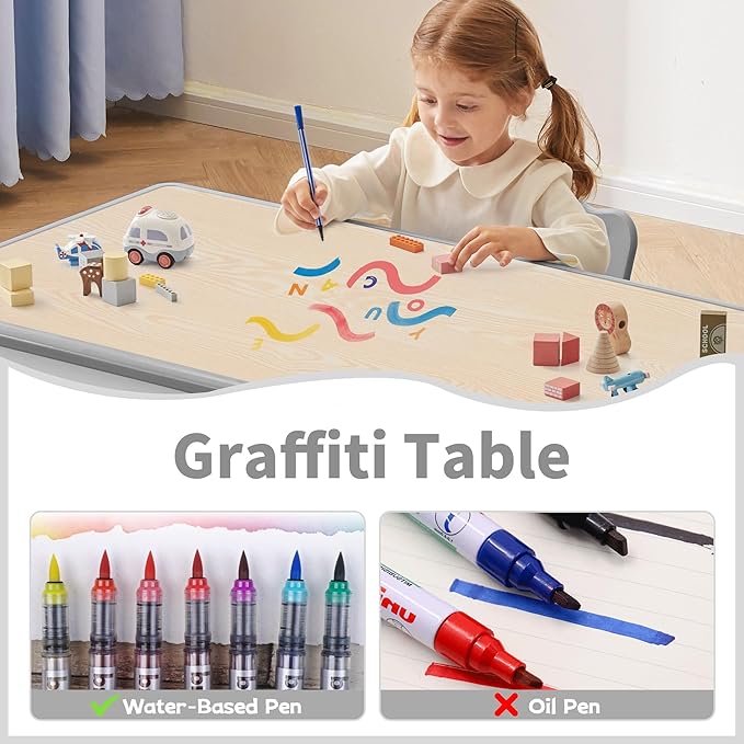 Adjustable Kids Table, Arts and Crafts Child Table with Graffiti Desktop, 7 Level Height Adjustable Children Table for Ages 3-8, Easy to Wipe Toddler Desk for Classrooms/Daycares/Homes