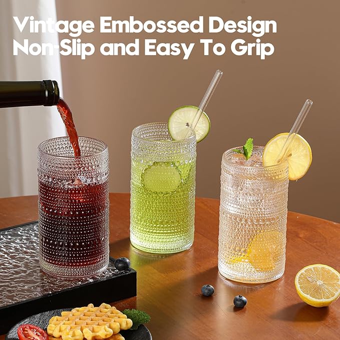 AkutaaVintage Hobnail Drinking Glasses Set of 6, 16 oz Large Capacity Embossed ClearTumblers, Highball Glasses for Water, Cocktail, Beer, Whiskey, Kitchen & Bar Use