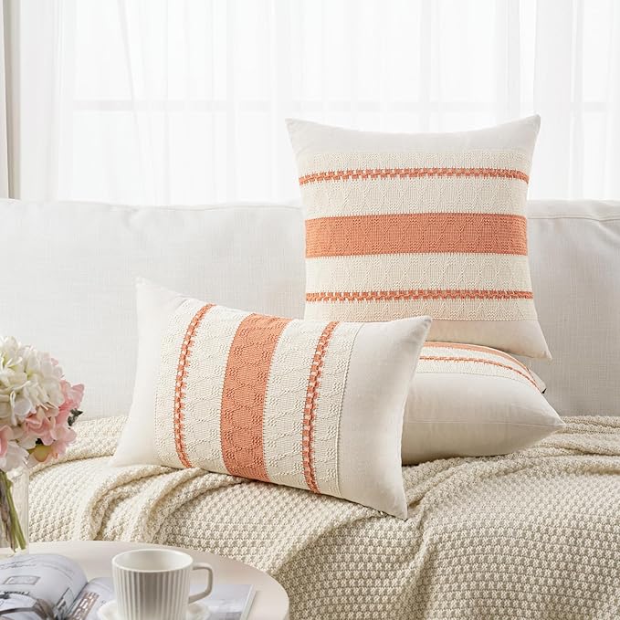 Fancy Homi Set of 2 Boho Coral Decorative Throw Pillow Cover 18x18 Inch for Couch Bed Sofa, Aesthetic Modern Organic Farmhouse Home Decor, Soft Cotton Cute Accent Macrame Woven Cushion Case