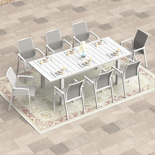 9 Piece Aluminum Outdoor Patio Dining Sets with Fully Assembled Dining Chair，91.3"L×39.4"W Expandable Patio Table and Chairs Set for 8, Stackable Chairs with Quick Drying Fabric, White